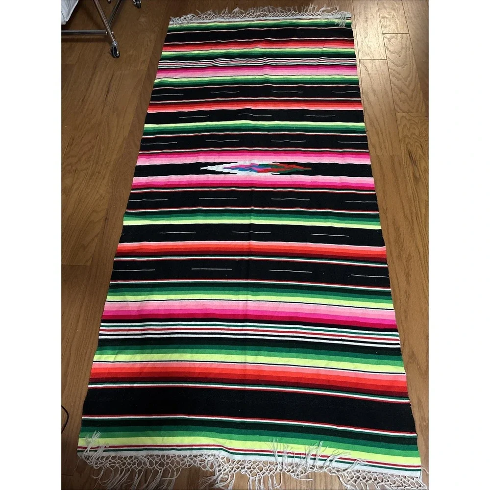 Traditional Colorful Striped Fringed Woven  Mexican Blanket 7' X 3'